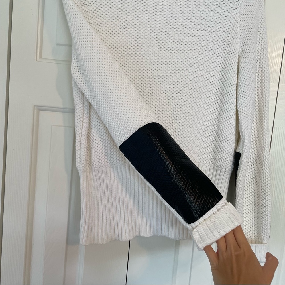Rag & bone White Knit Crewneck Sweater Black Patent Patchwork Sz Large - Picture 5 of 10